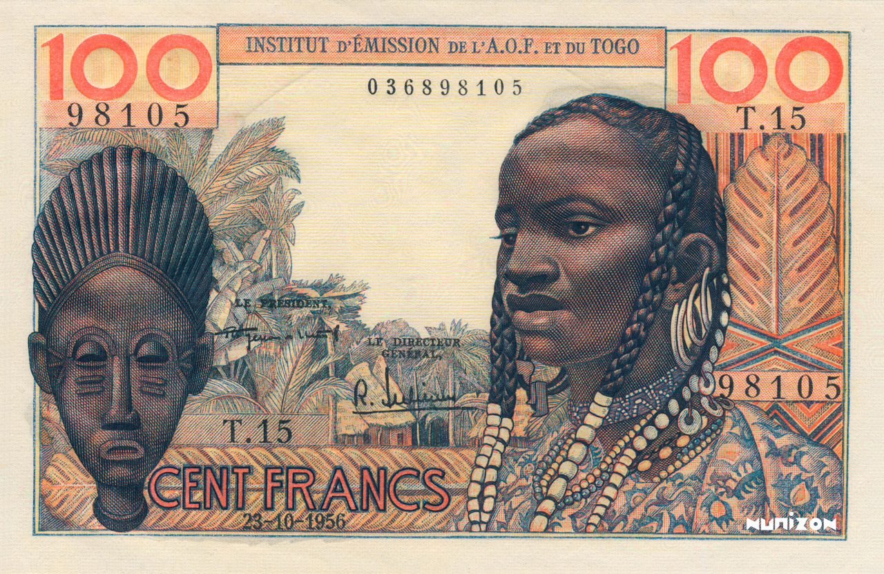 अँन्स्तीत्यु देमीसियों, फ्रेंच पश्चिम आफ्रिका आणि टोगो - १०० फ्रँक, १९५६. आरेखन-कलाकार - ऑंरी क्लेमाँ-सेरव्हो