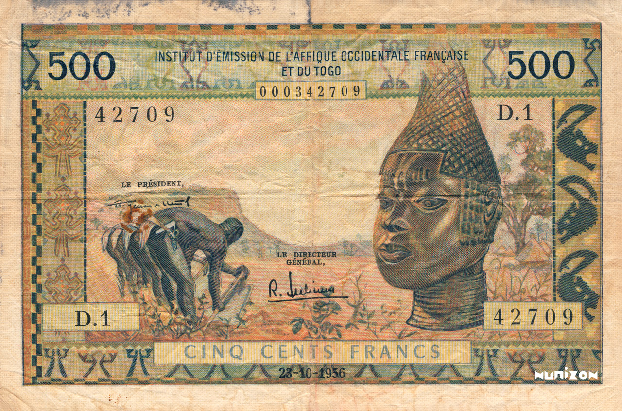 अँन्स्तीत्यु देमीसियों, फ्रेंच पश्चिम आफ्रिका आणि टोगो - ५०० फ्रँक, १९५६. आरेखन-कलाकार - रेमाँ व्होद्यो