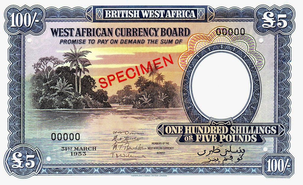 ब्रिटिश वेस्ट आफ्रिका करन्सी बोर्ड - १०० शिलिंग / ५ पाउंड, १९५३. (पाम तेलबियांची शेती)