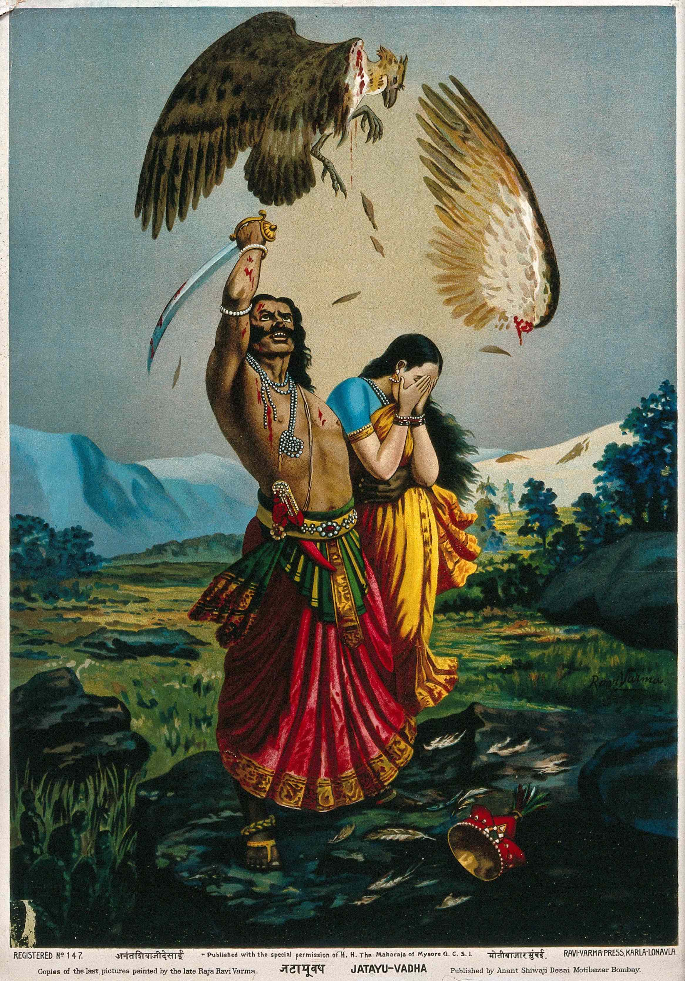 Ravana slaughtering Jatayu the vulture, while an abducted Sita looks away in horror. Raja Ravi Varma.